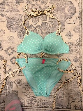XS Aqua Polka Dot Bikini with Leopard Tie Straps